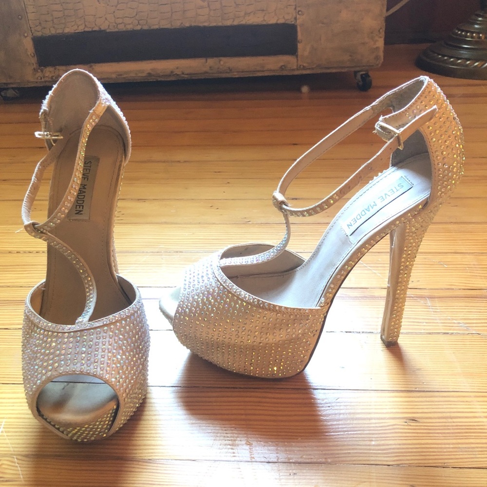 Crystal Embellished Platform T-Strap Heels